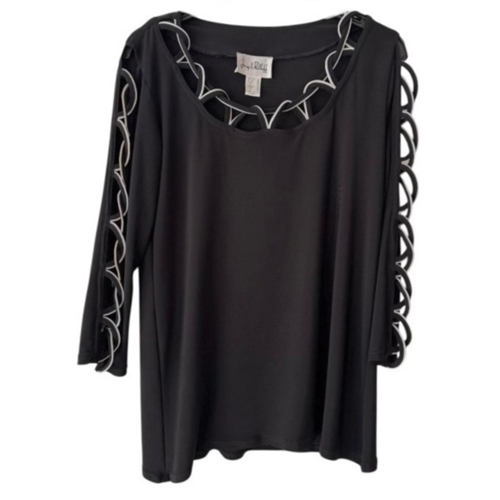 🌴 Joseph Ribkoff Black Lattice Cutout White Trim Sleeve Tunic Top Trim Size 8